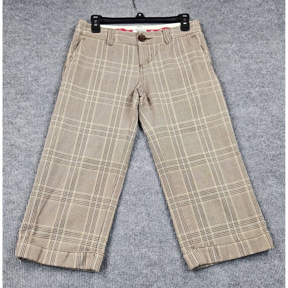 American Eagle Outfitters Pants - American Eagle Plaid Crop Pants Womens 4 Tan Brown Wide Leg Cuffed Academia